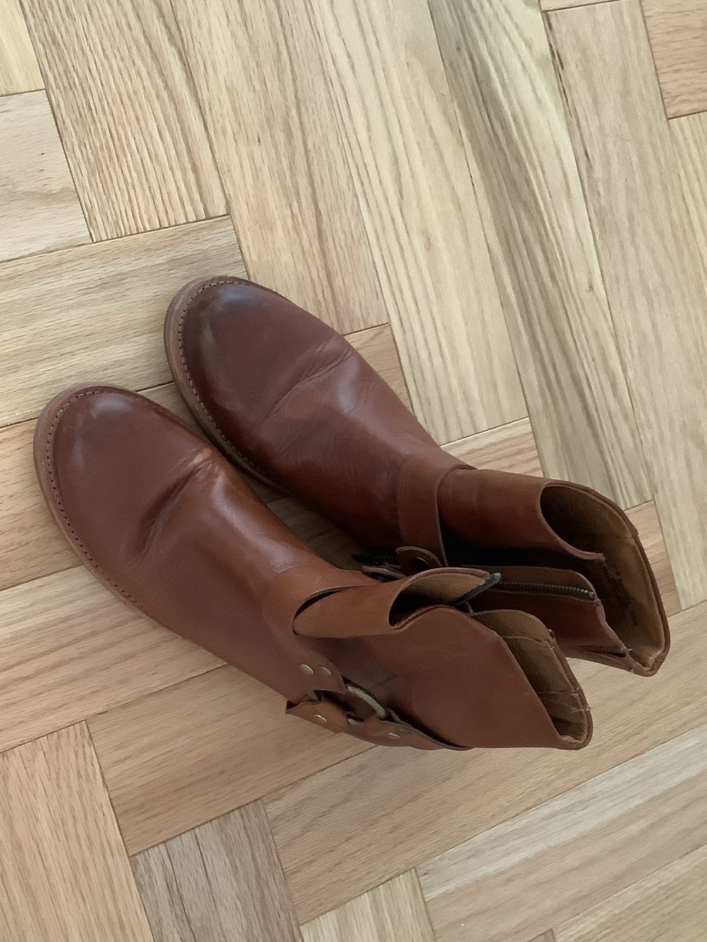 Frye Chestnut Brown Leather Mid-Calf Buckle Boots